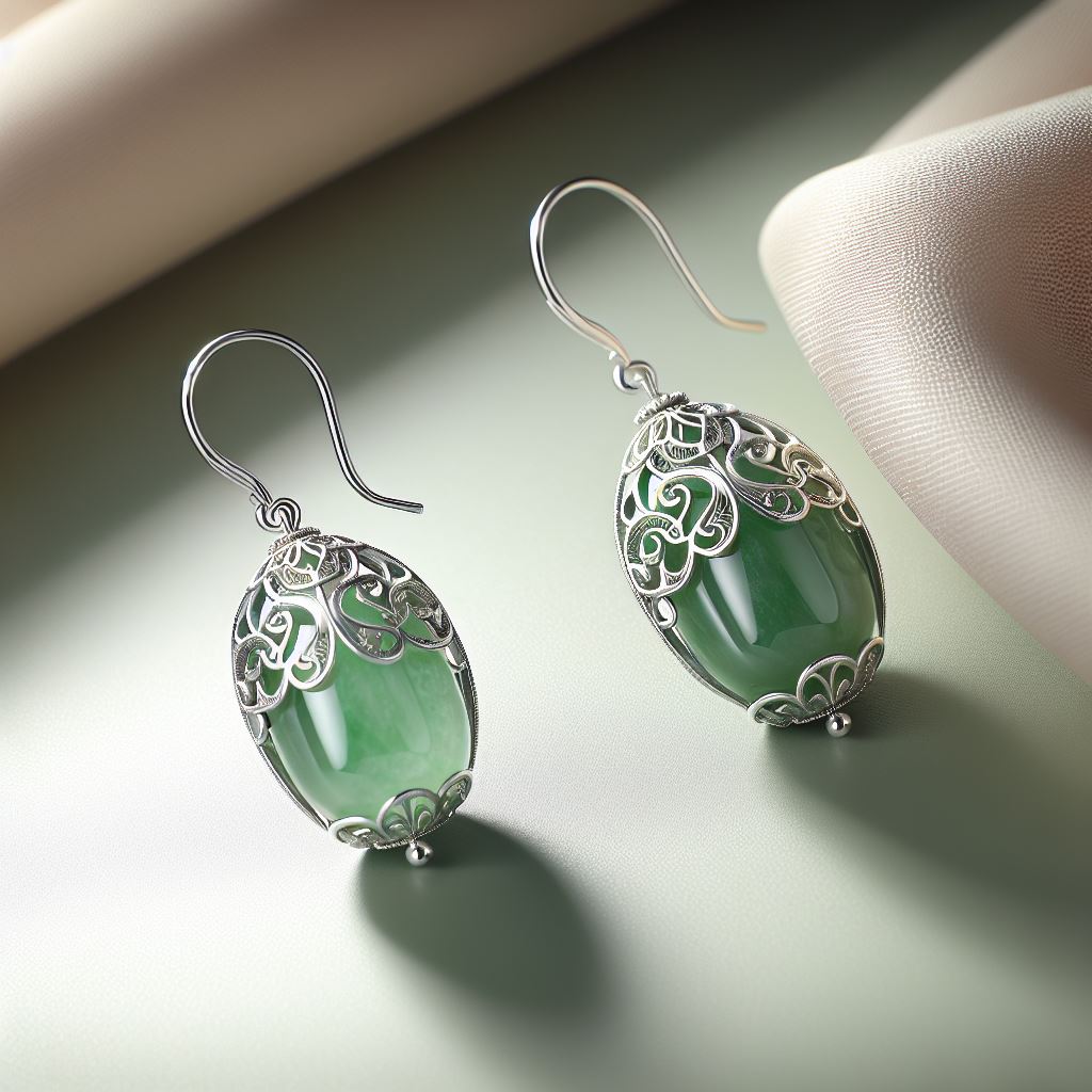 Detalle de las piedras de jade en los Aretes Largos, resaltando su color vibrante.