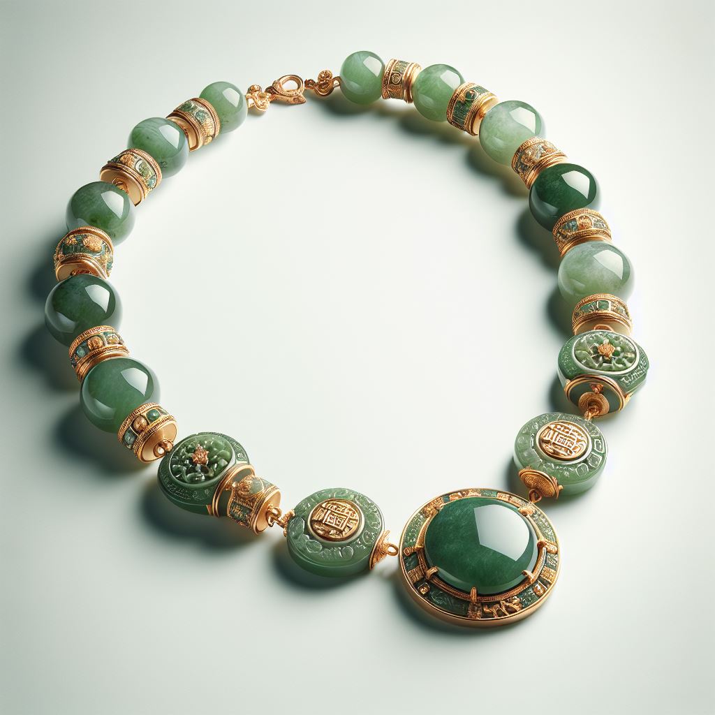 Collar de Jade con Dijes presentado sobre una superficie plana para destacar su diseño completo.