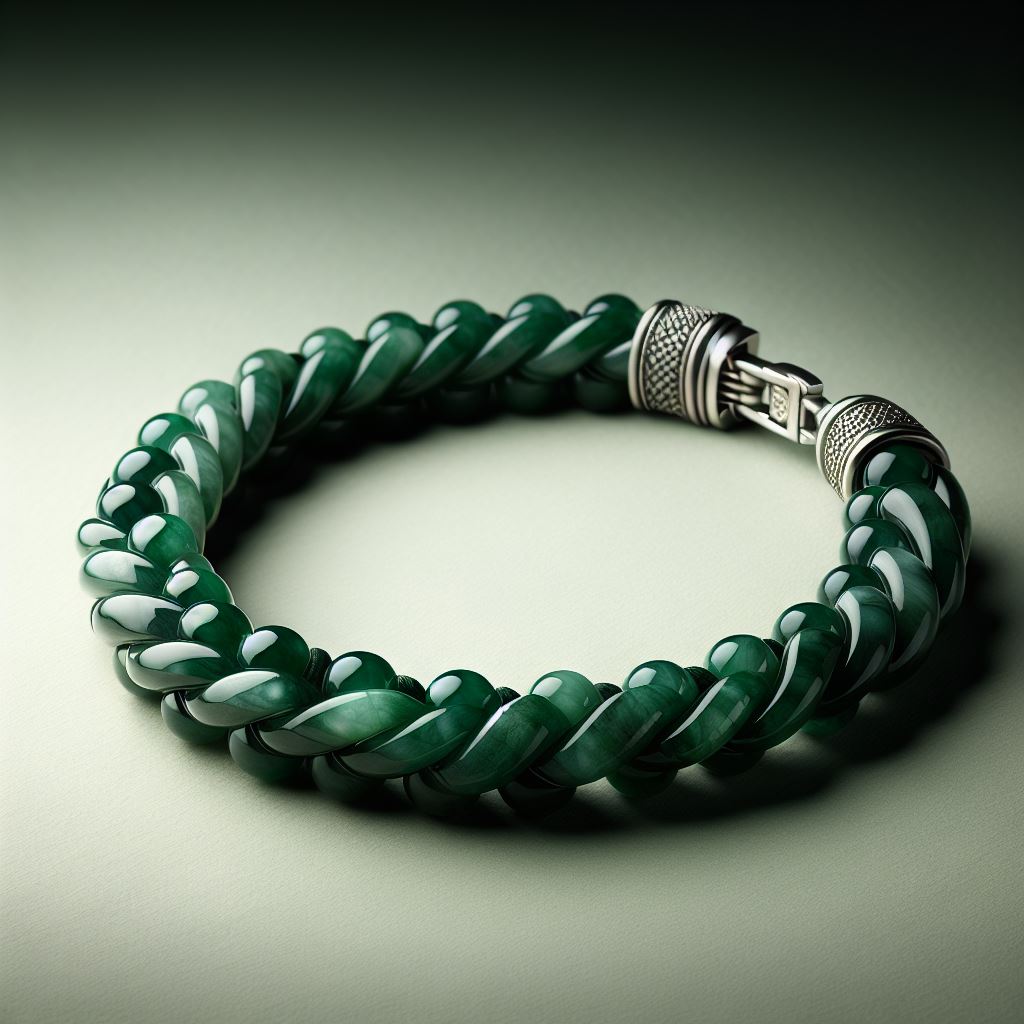 Vista de la Pulsera de Jade Trenzada en un soporte para resaltar su forma.
