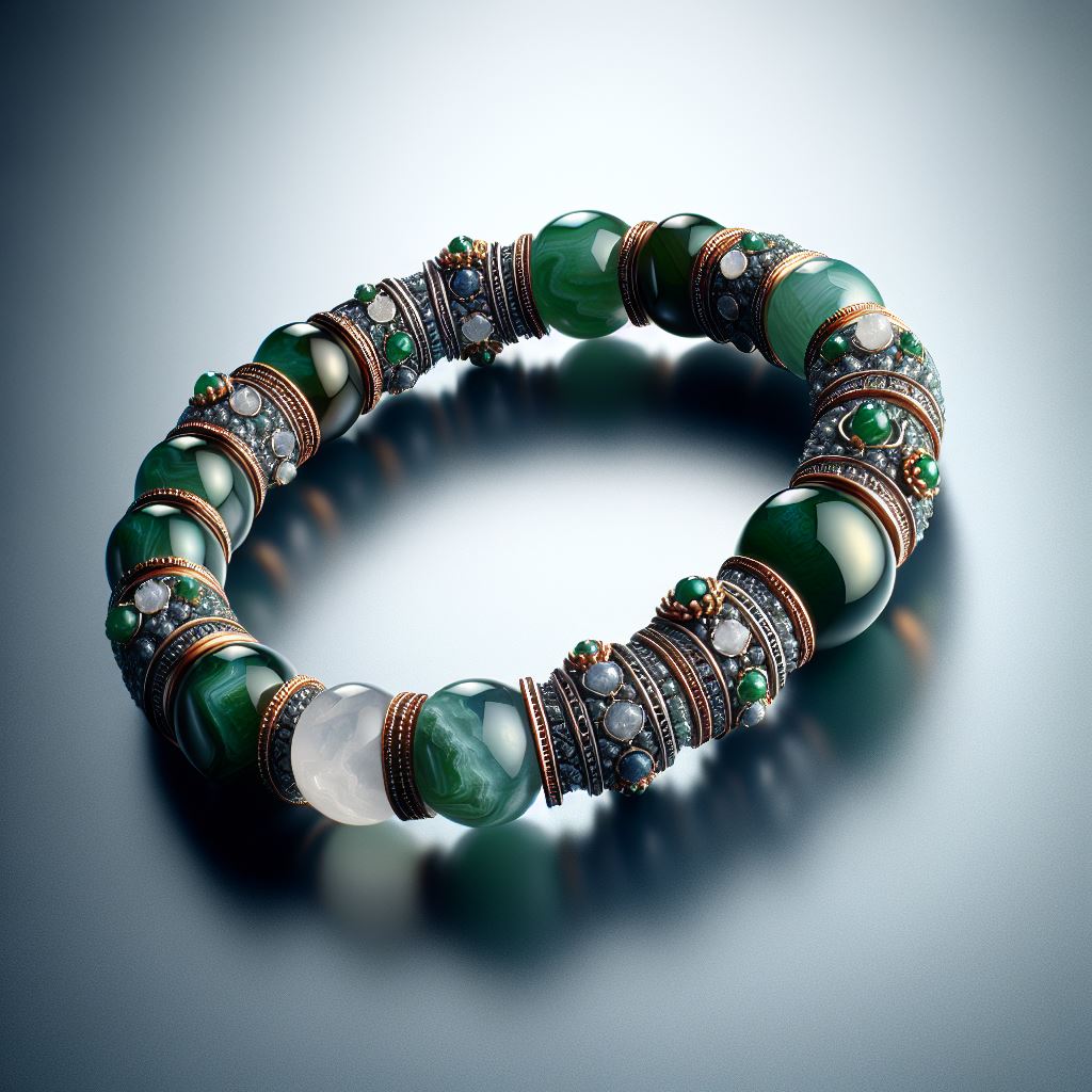 Detalle del jade y cuarzo de la Pulsera, resaltando la textura de las piedras.